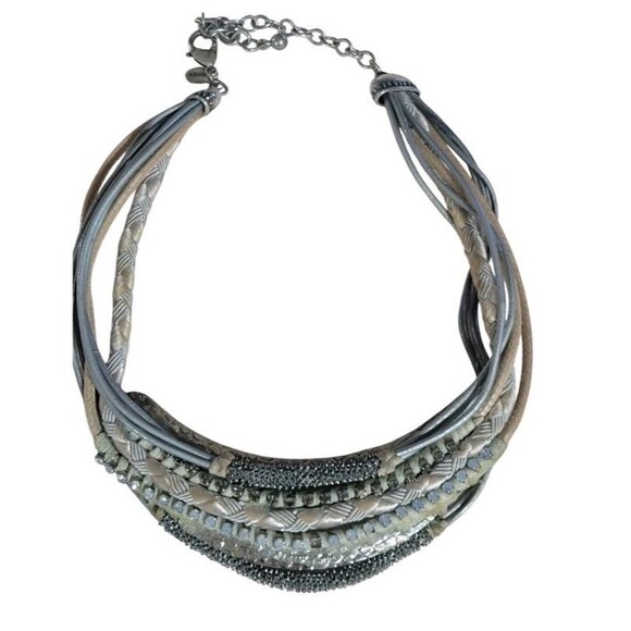 Chicos Multi-Strands Collar Necklace Silver Tone Mixed Metal Crystals Beads 16" - Picture 2 of 4